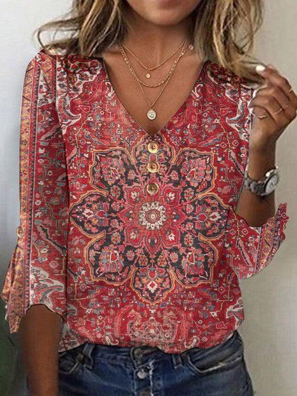 Brianna Blusa Boho da Donna – Blusa Stampata Elegante Casual Chic Rubino