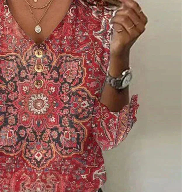Brianna Blusa Boho para Mujer – Blusa Estampada Elegante Casual Chic Rubí