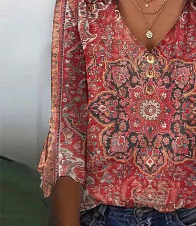 Brianna Blusa Boho da Donna – Blusa Stampata Elegante Casual Chic Rubino