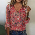 Brianna Blusa Boho da Donna – Blusa Stampata Elegante Casual Chic Rubino