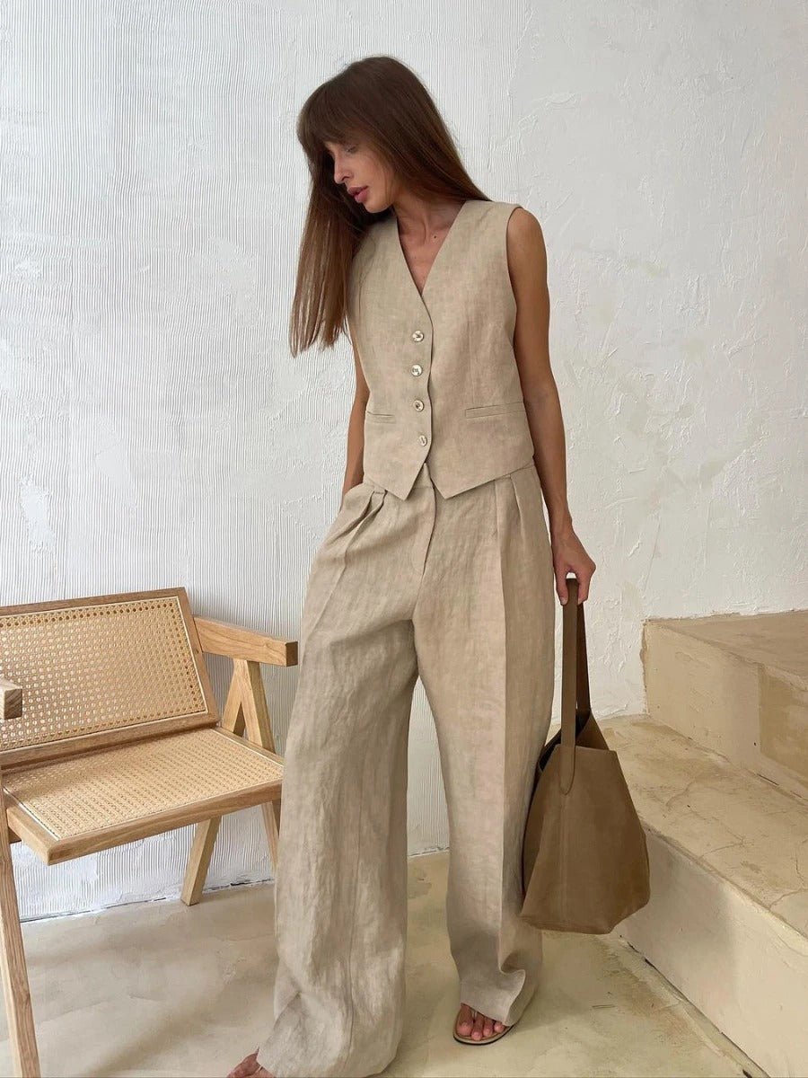 Freya Completo di Lino da Donna – Gilet e Pantaloni Palazzo Estate Chic