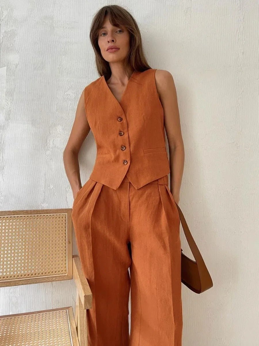 Freya Completo di Lino da Donna – Gilet e Pantaloni Palazzo Estate Chic