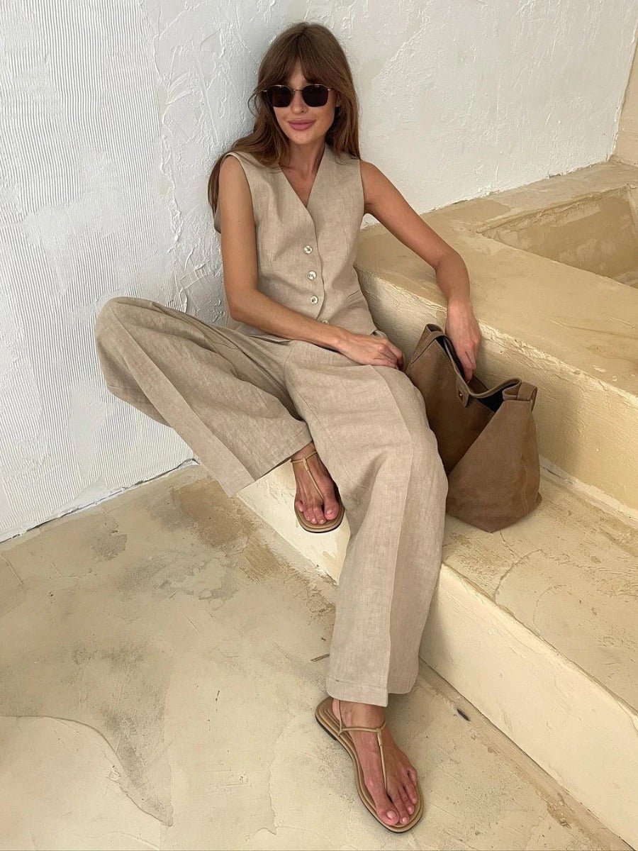 Freya Completo di Lino da Donna – Gilet e Pantaloni Palazzo Estate Chic