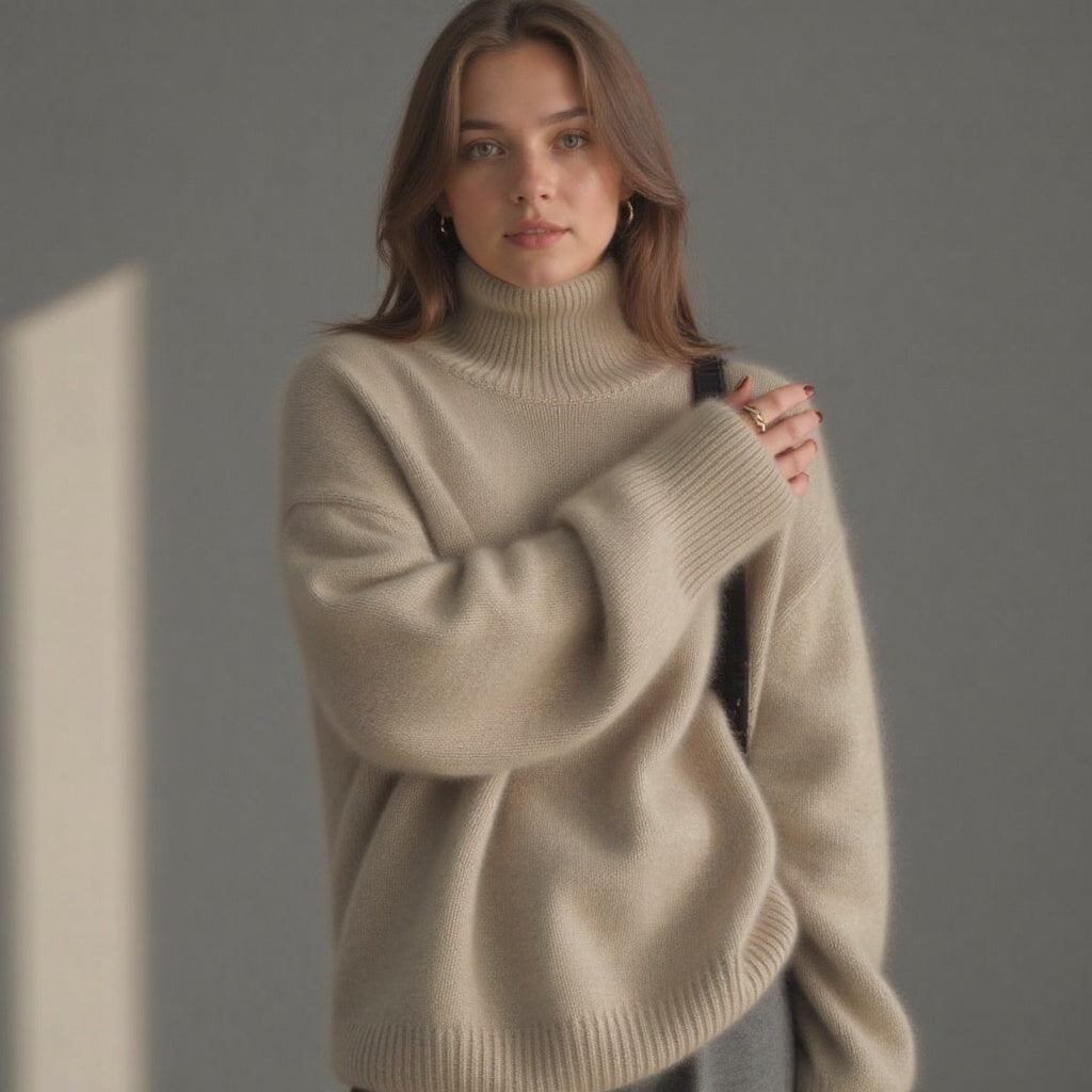 Sydney Jersey Oversize de Cachemir para Mujer – Suéter Cuello Alto Elegante Premium