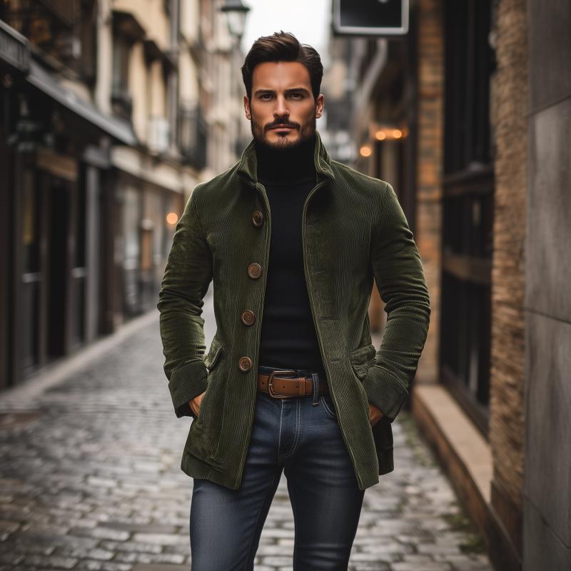 Ethan Abrigo de Pana para Hombre – Corte Slim Elegante con Cuello Alto Vintage