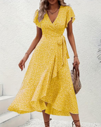 Elena Vestido Midi Mujer – Estampado Floral, Escote en V, Cintura Imperio y Mangas Volantes