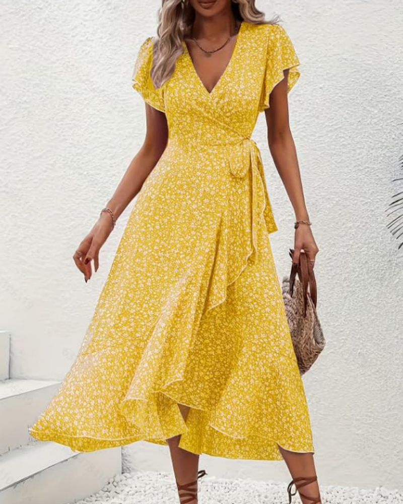 Elena Vestido Midi Mujer – Estampado Floral, Escote en V, Cintura Imperio y Mangas Volantes