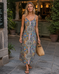 Selena Vestido Maxi Mujer – Boho Vintage, Escote en V, Sin Mangas y Estampado Étnico