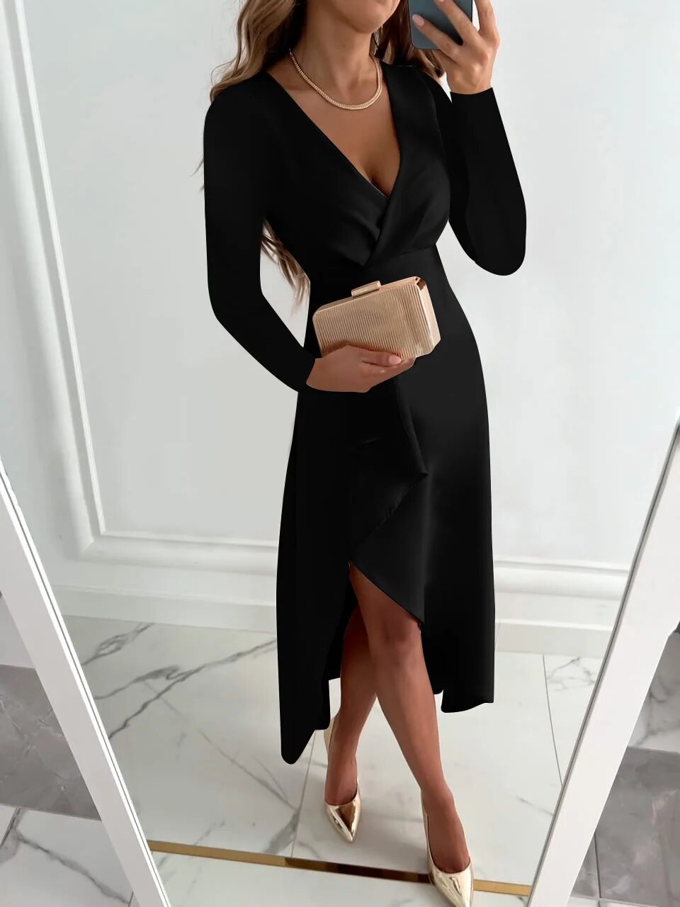 Tessa Vestido Elegante para Mujer – Vestido Escote V Manga Larga Chic