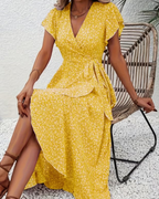 Elena Vestido Midi Mujer – Estampado Floral, Escote en V, Cintura Imperio y Mangas Volantes