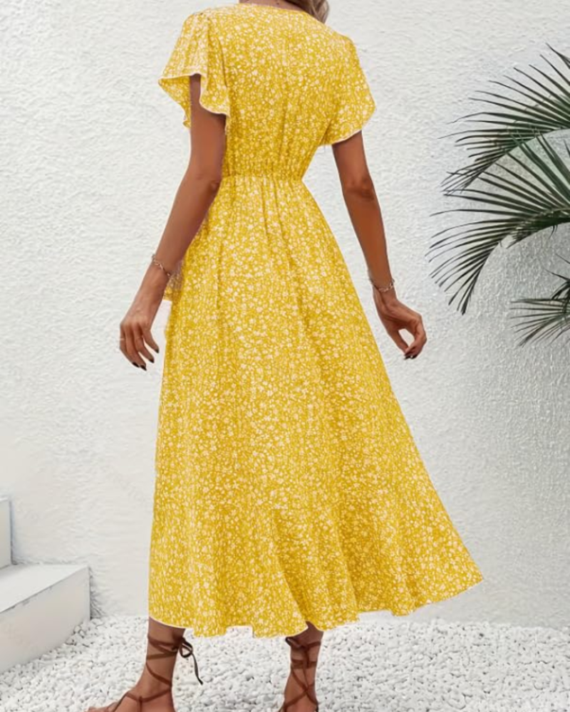 Elena Vestido Midi Mujer – Estampado Floral, Escote en V, Cintura Imperio y Mangas Volantes