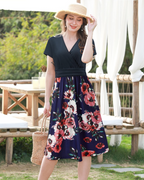 Ivy Vestido Midi Mujer – Floral con V-Cuello, Cintura Imperio y Bolsillos