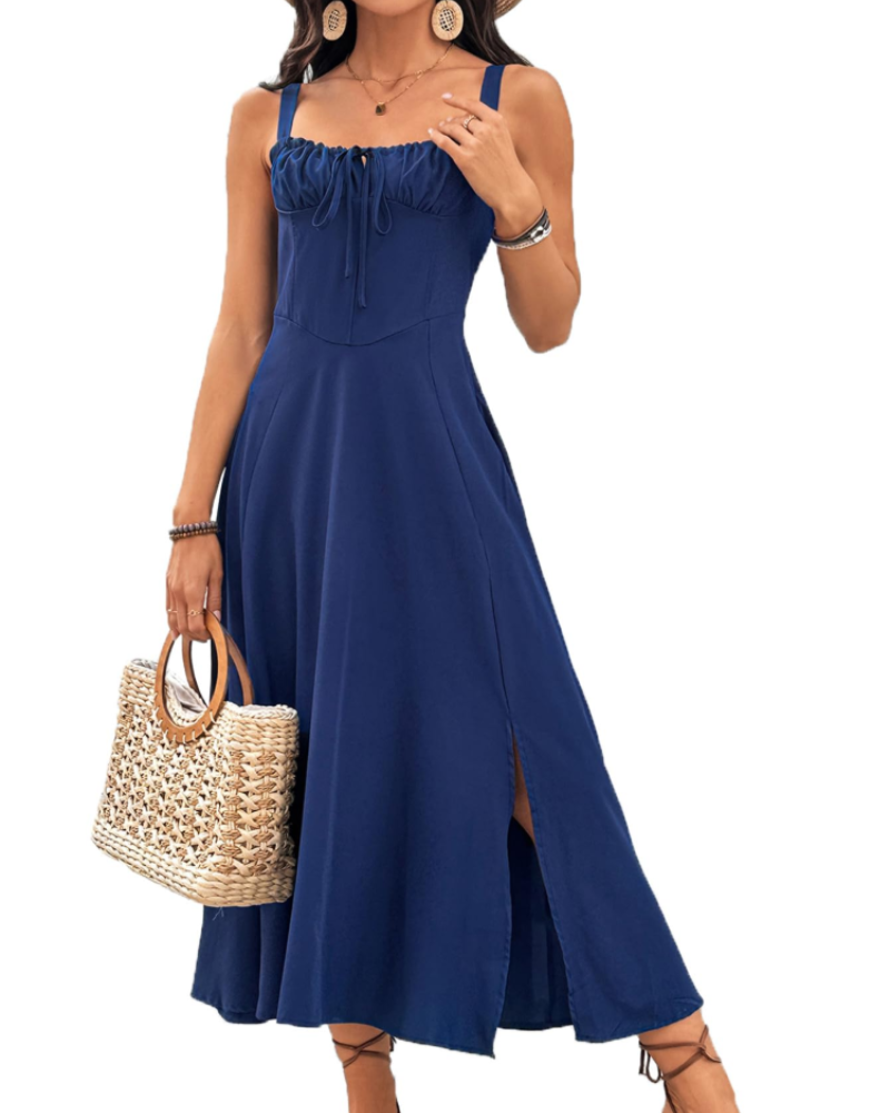 Stella Vestido Largo Mujer – Floral, Sin Mangas, Corsé, Abertura y Escote Elegante