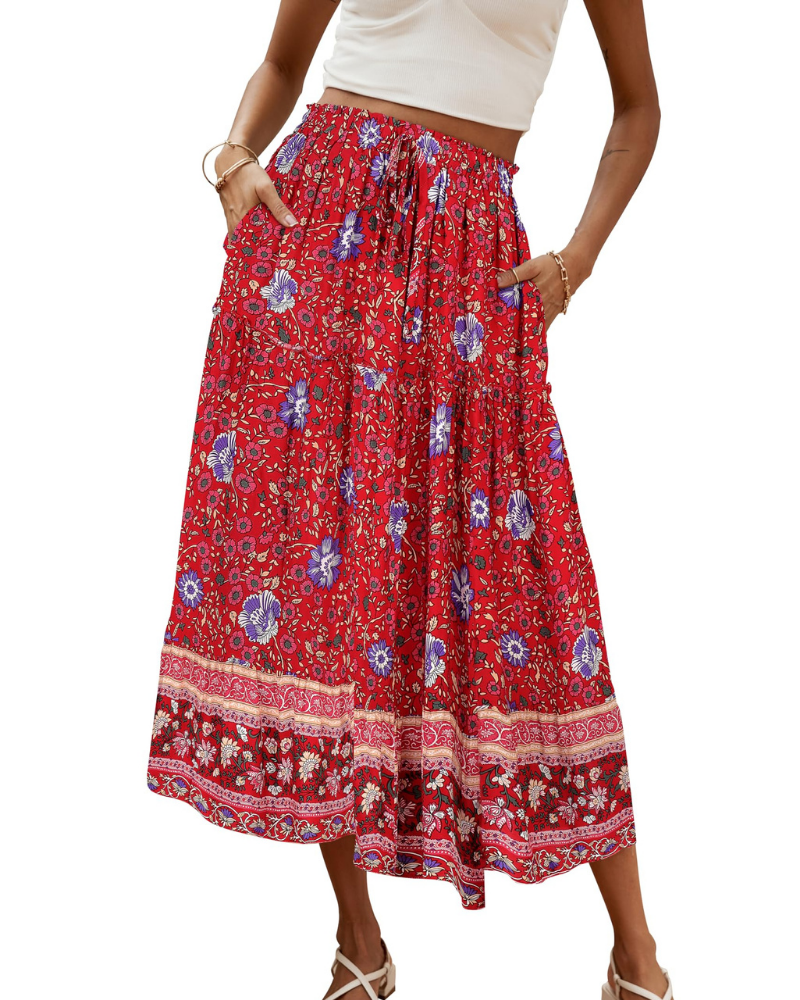 Brielle Falda Maxi Mujer – Falda Boho Floral Plisada con Cintura Alta y Volante