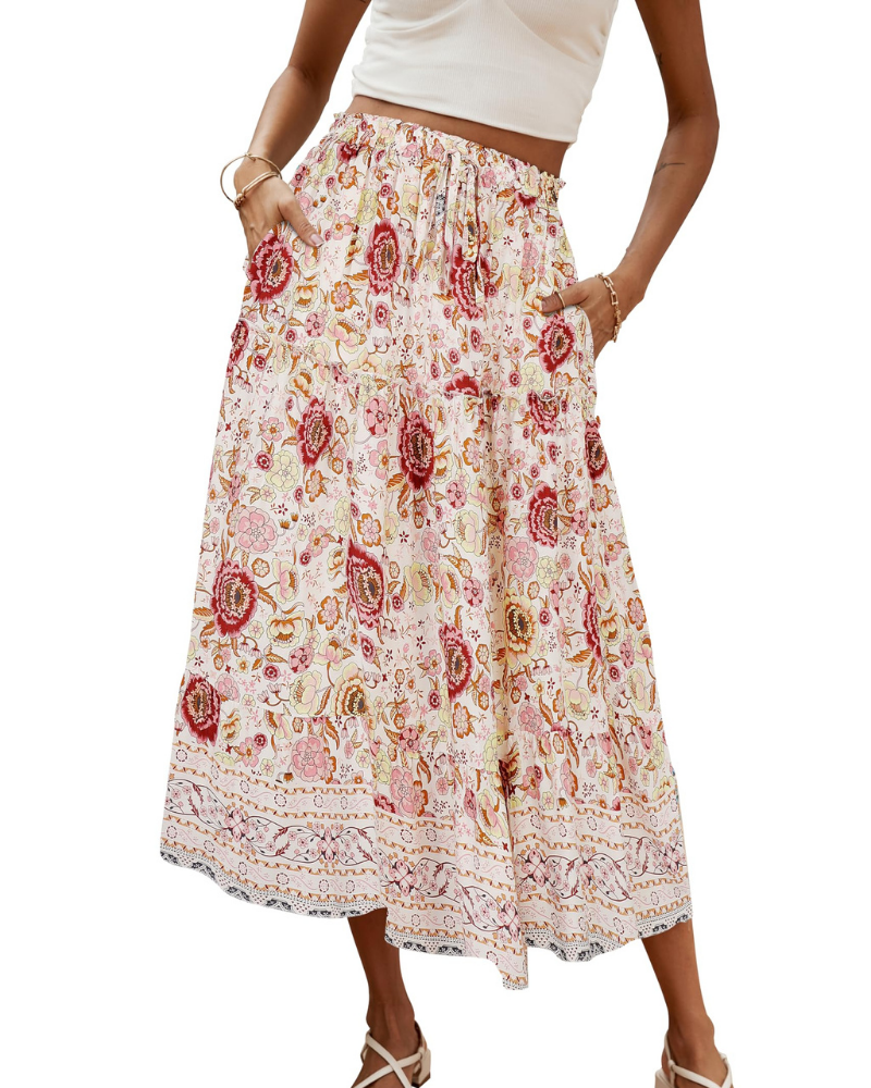 Brielle Falda Maxi Mujer – Falda Boho Floral Plisada con Cintura Alta y Volante