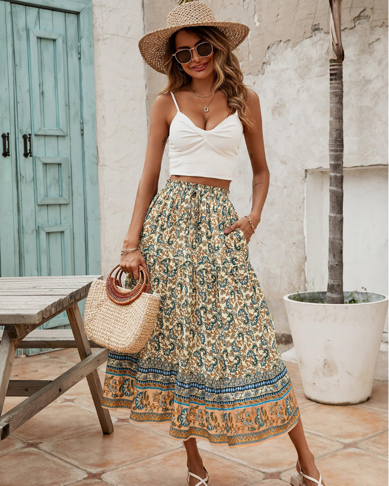 Brielle Falda Maxi Mujer – Falda Boho Floral Plisada con Cintura Alta y Volante