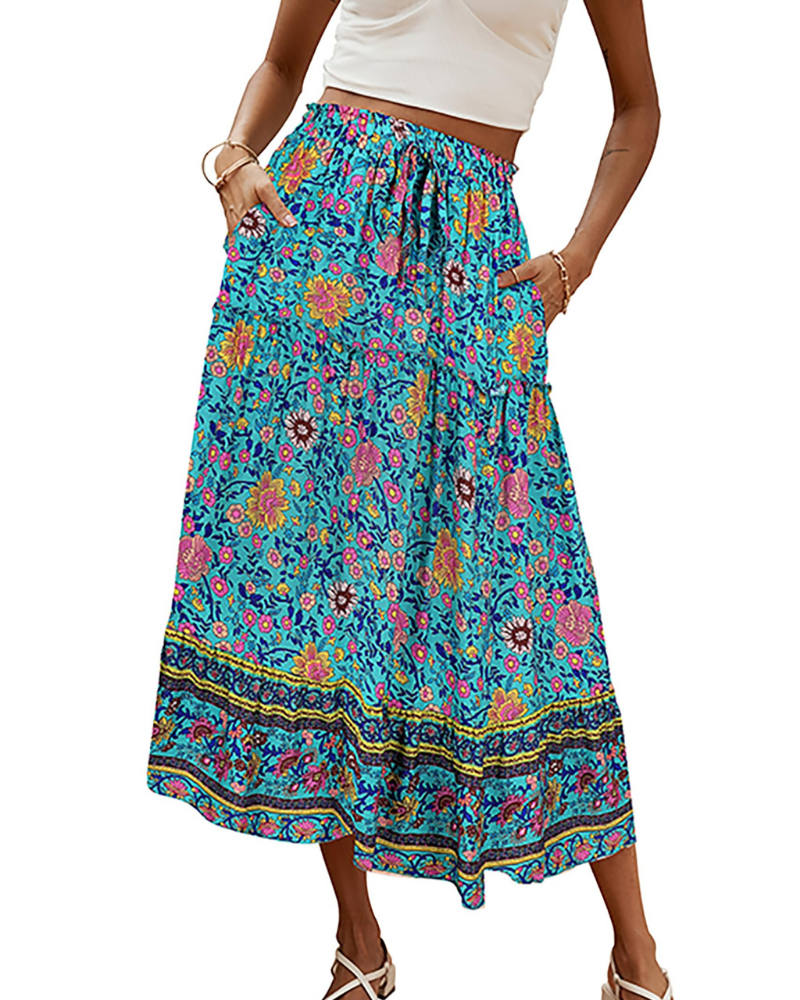 Brielle Falda Maxi Mujer – Falda Boho Floral Plisada con Cintura Alta y Volante