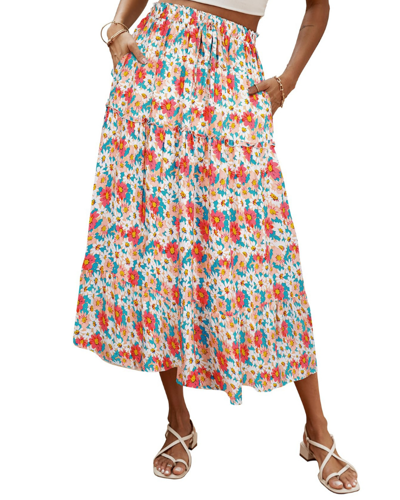 Brielle Falda Maxi Mujer – Falda Boho Floral Plisada con Cintura Alta y Volante