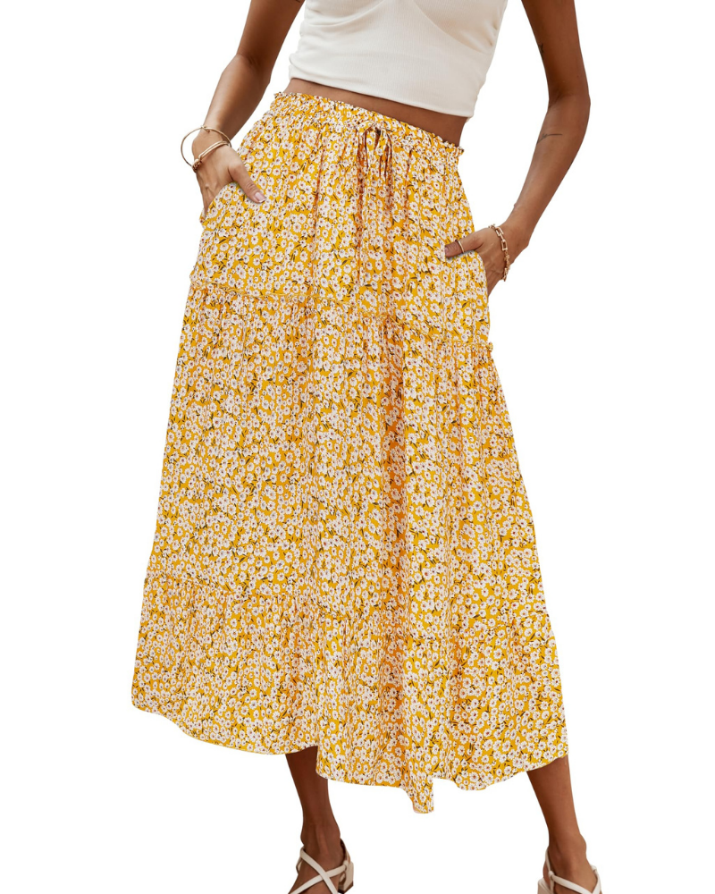 Brielle Falda Maxi Mujer – Falda Boho Floral Plisada con Cintura Alta y Volante