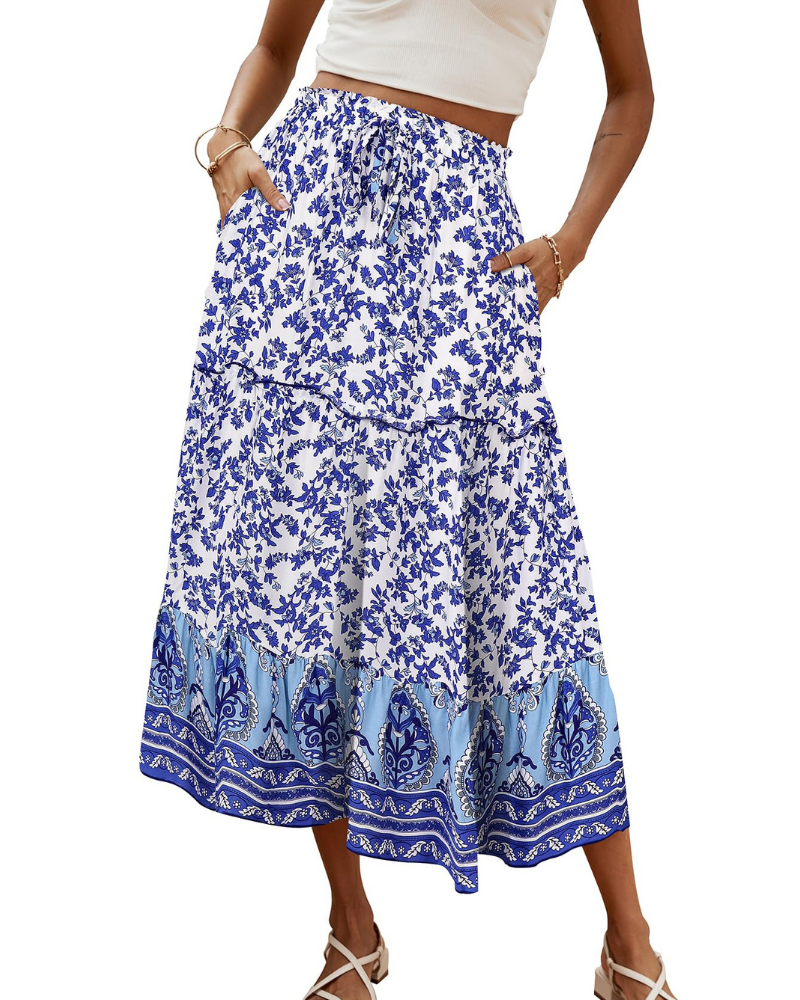 Brielle Falda Maxi Mujer – Falda Boho Floral Plisada con Cintura Alta y Volante