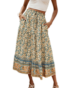 Brielle Falda Maxi Mujer – Falda Boho Floral Plisada con Cintura Alta y Volante