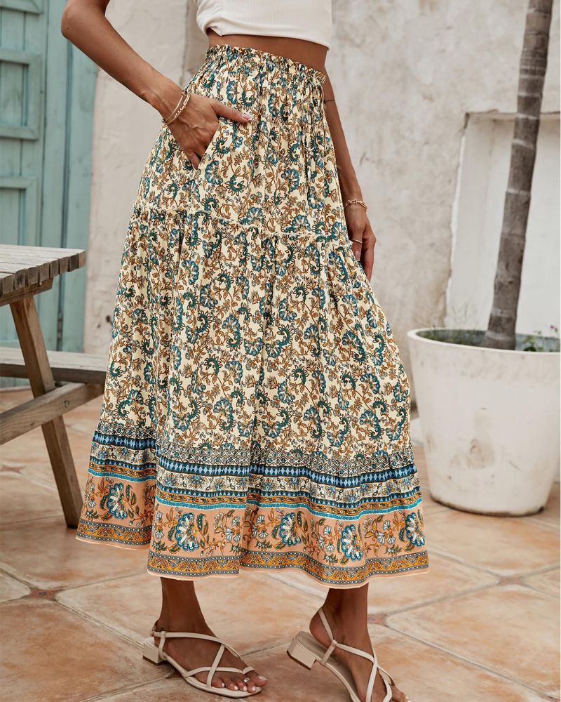 Brielle Falda Maxi Mujer – Falda Boho Floral Plisada con Cintura Alta y Volante