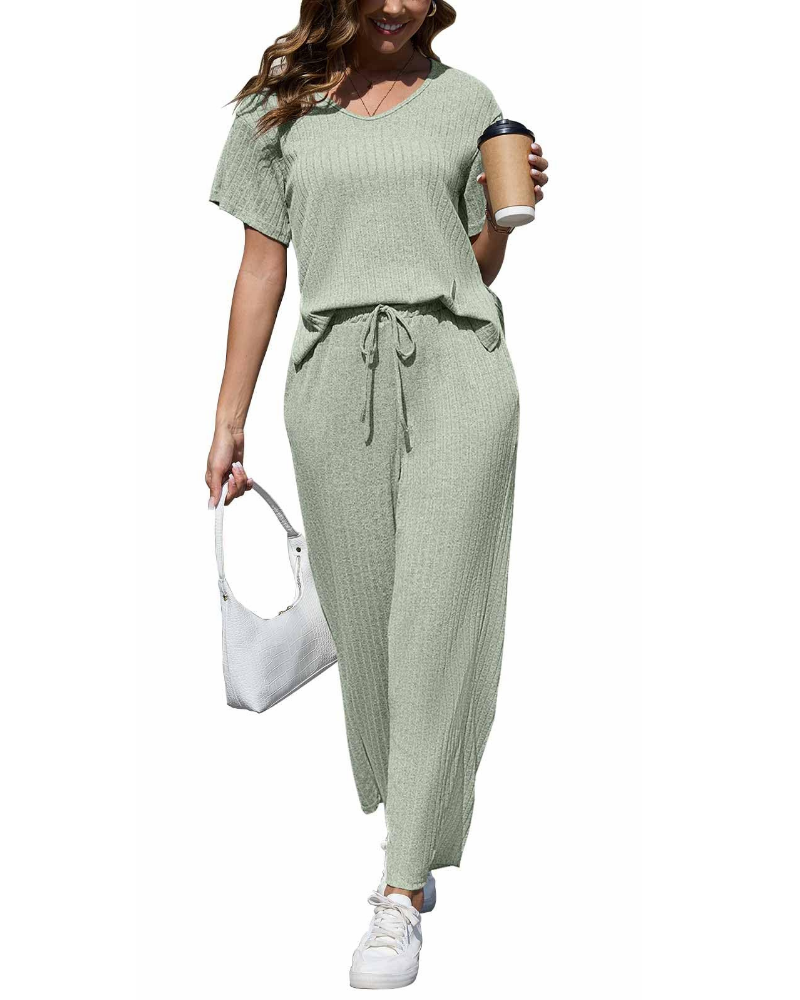 Natalie Conjunto Mujer – Set Dos Piezas Canalé con Top en V y Pantalón Ancho