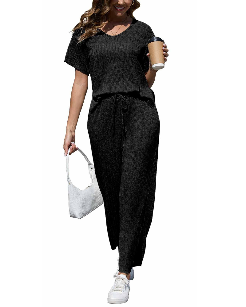 Natalie Conjunto Mujer – Set Dos Piezas Canalé con Top en V y Pantalón Ancho