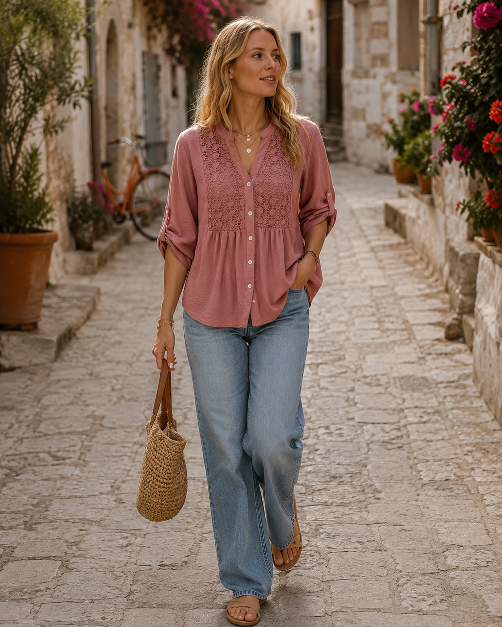 Penelope Blusa Mujer – Escote en V, Botones, Mangas Remangables y Corte Fluido