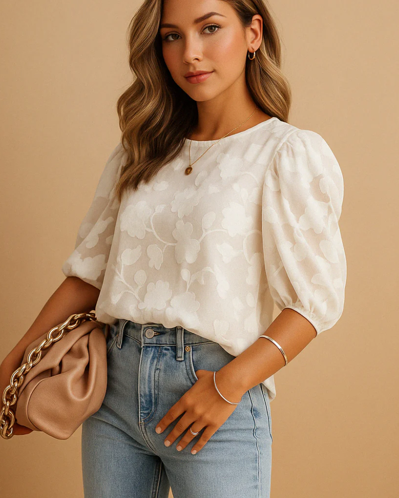 Cecily Blusa Floral Mujer – Cuello Redondo, Mangas Abullonadas 3/4 y Corte Favorecedor