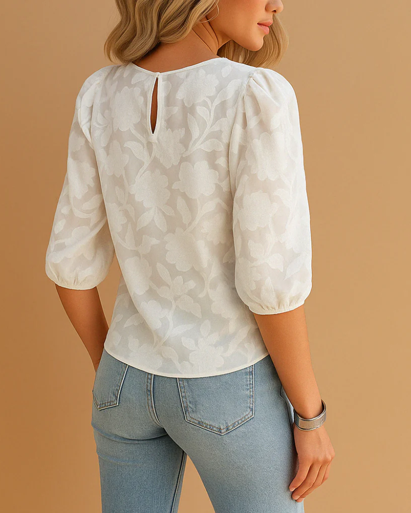 Cecily Blusa Floral Mujer – Cuello Redondo, Mangas Abullonadas 3/4 y Corte Favorecedor