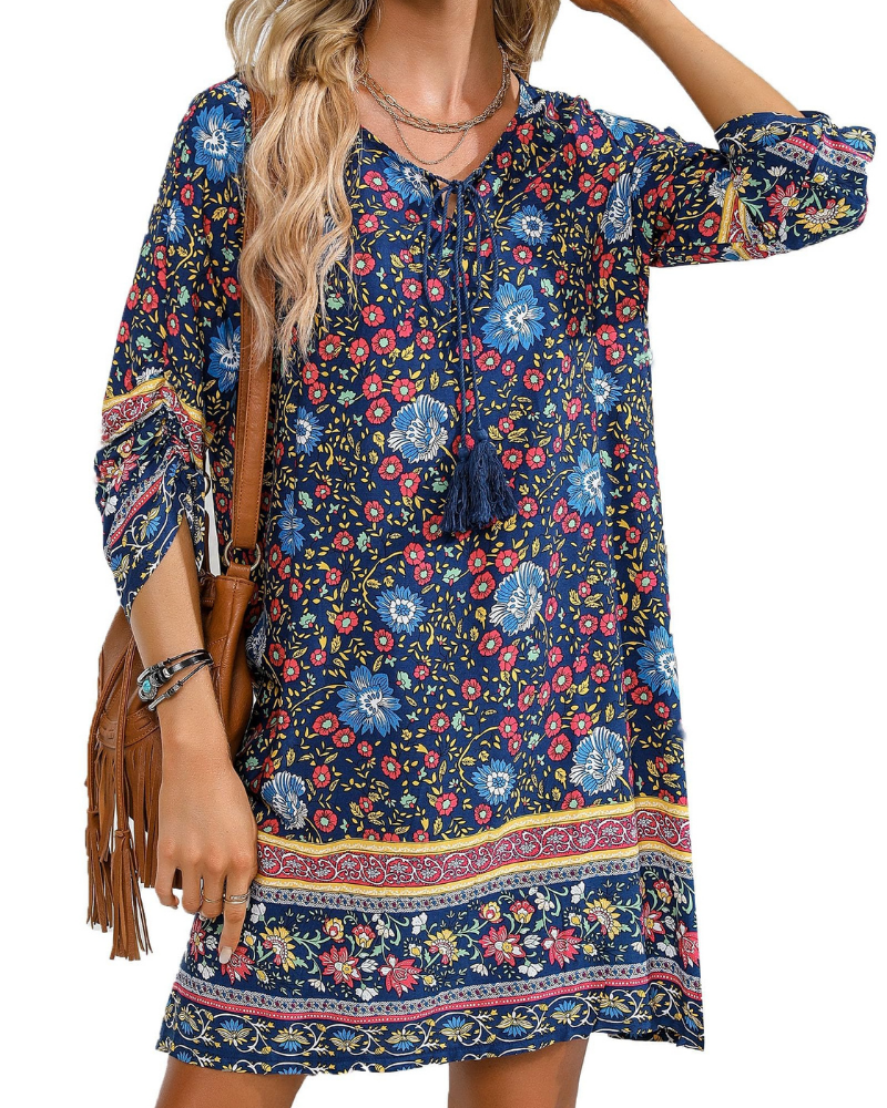Aria Vestido Túnica Mujer – Vestido Boho Floral con Cuello V, Mangas 3/4 y Borlas