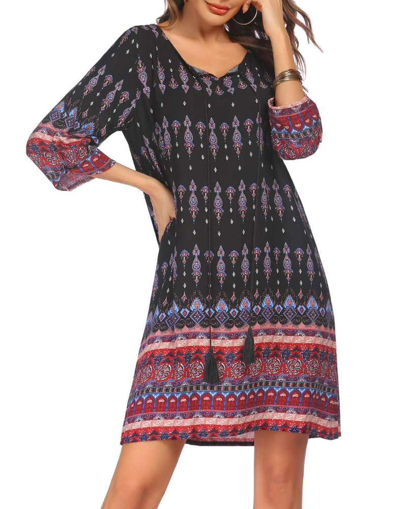 Aria Vestido Túnica Mujer – Vestido Boho Floral con Cuello V, Mangas 3/4 y Borlas