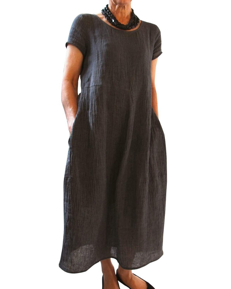 Fiona Vestido Maxi Mujer – Vestido Verano Casual Manga Corta con Bolsillos Laterales
