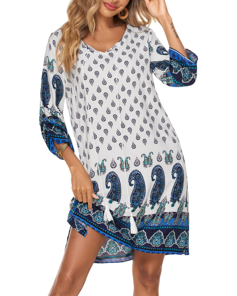 Aria Vestido Túnica Mujer – Vestido Boho Floral con Cuello V, Mangas 3/4 y Borlas