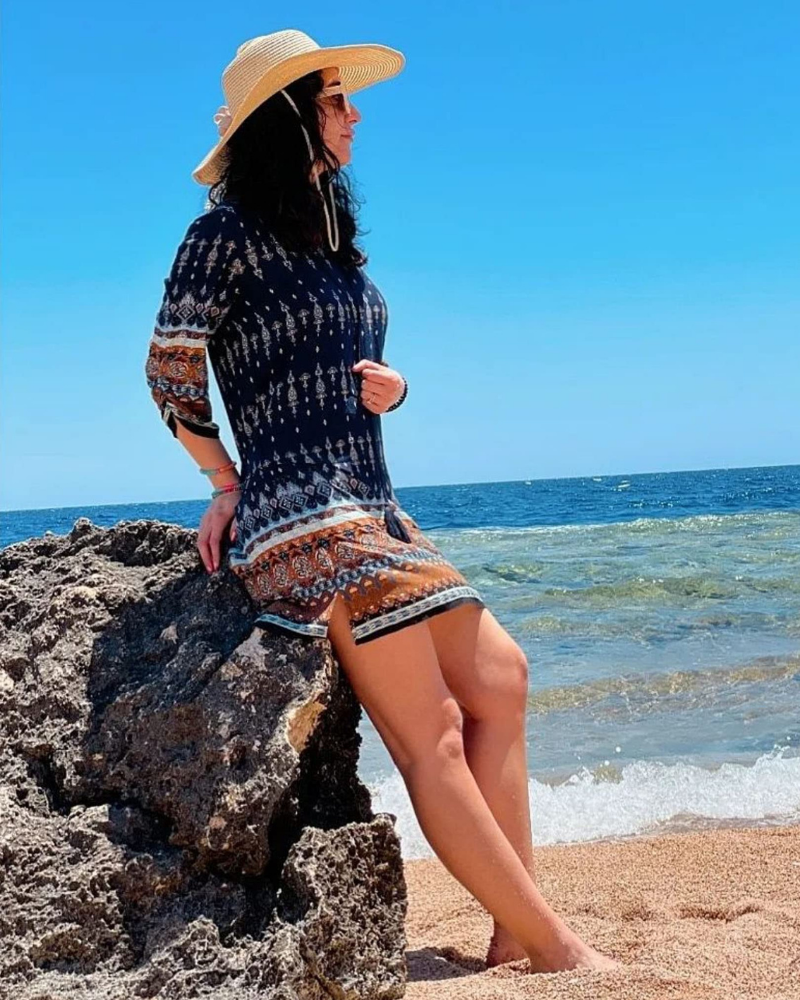 Aria Vestido Túnica Mujer – Vestido Boho Floral con Cuello V, Mangas 3/4 y Borlas