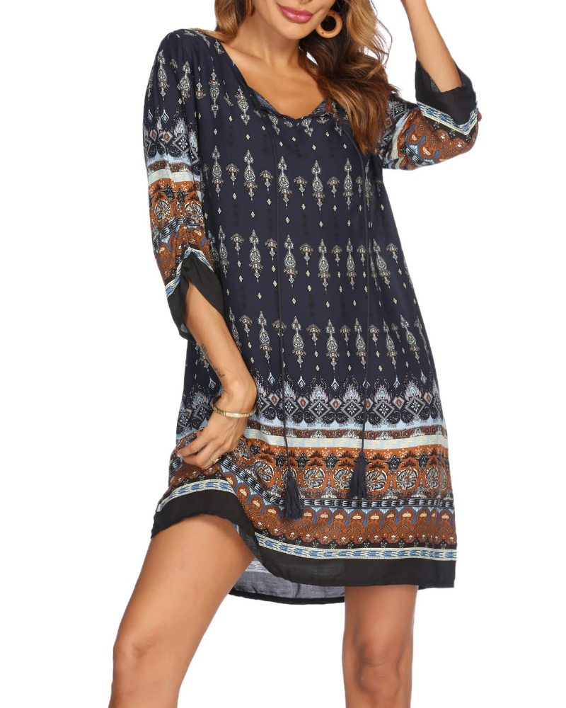Aria Vestido Túnica Mujer – Vestido Boho Floral con Cuello V, Mangas 3/4 y Borlas