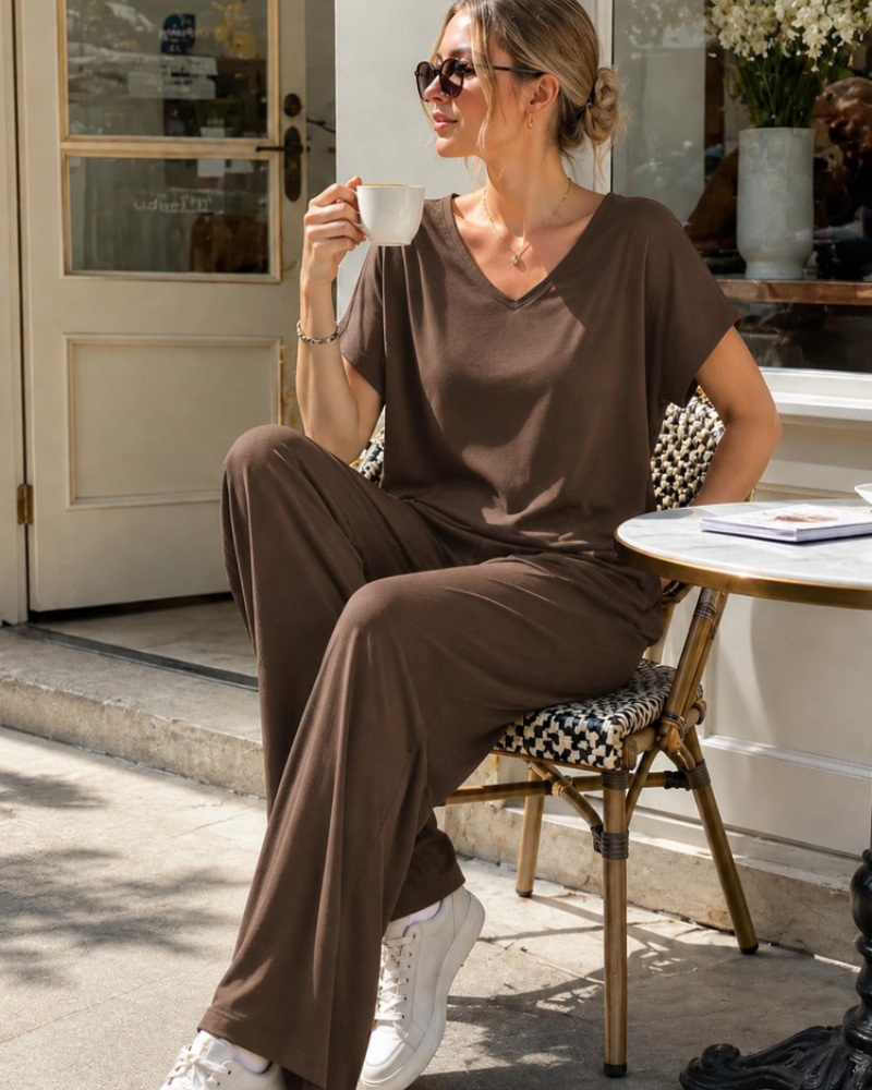 Naomi Conjunto Lounge Mujer – Top Escote en V y Pantalón Ancho de Verano