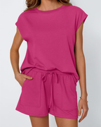 Mia Conjunto Mujer – Set Lounge de 2 Piezas con Manga Casquillo y Shorts Ajustables