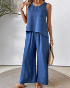 Aubrey Conjunto Mujer – Set Crochet Azul con Top Sin Mangas y Pantalón Ancho