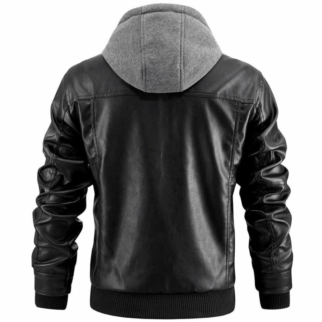 Chaqueta Moto de Cuero con Capucha para Hombre